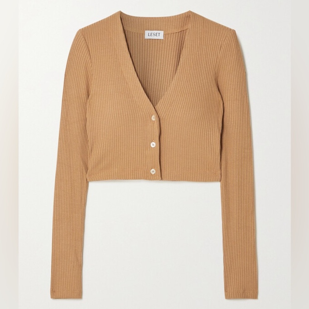 Tan Ribbed Button-Up Crop Top - Picture 2 of 10